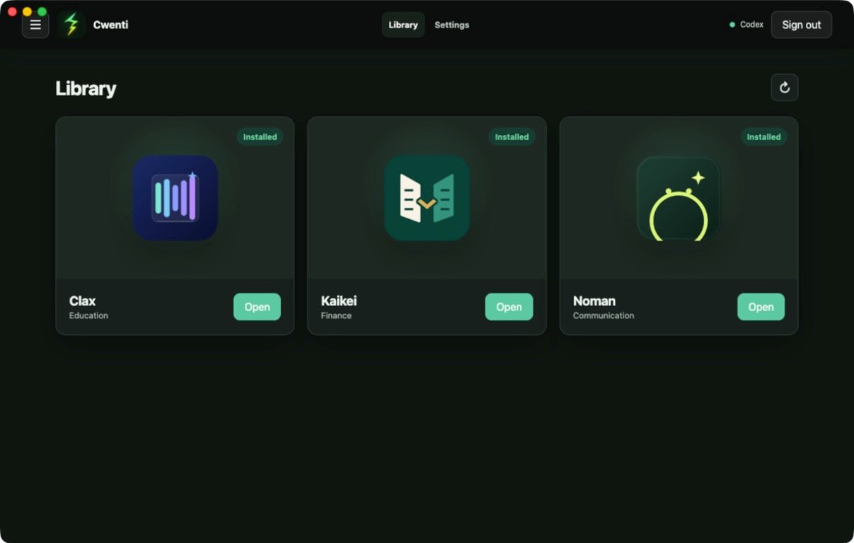 Real screenshot of the Cwenti desktop library